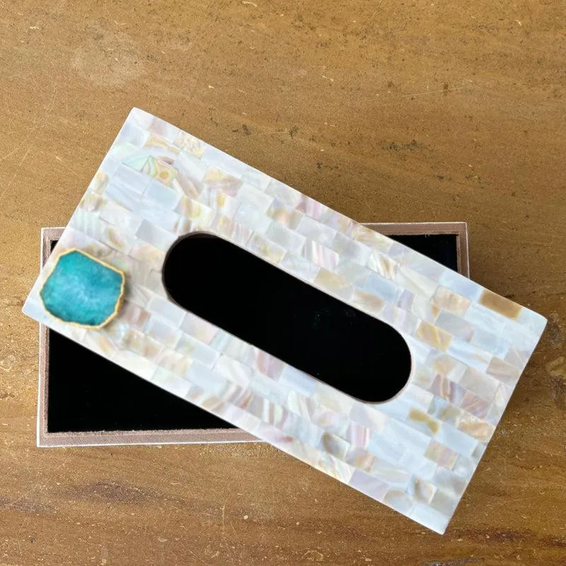 Suzzaine Handcrafted Mother Of Pearl & Agate Tissue Box - Green & Beige