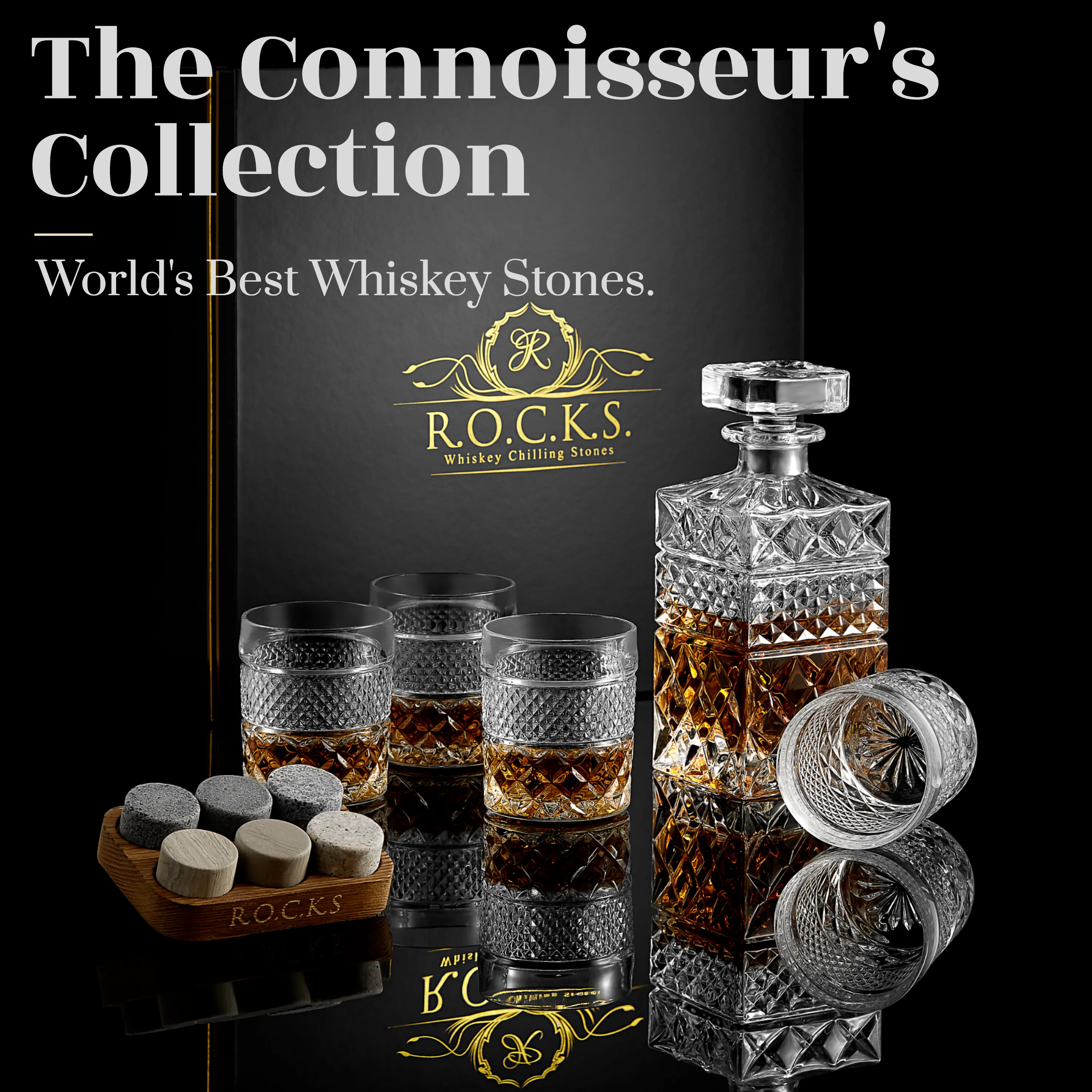 The Whiskey Decanter Gift Set by R.O.C.K.S. Whiskey Chilling Stones