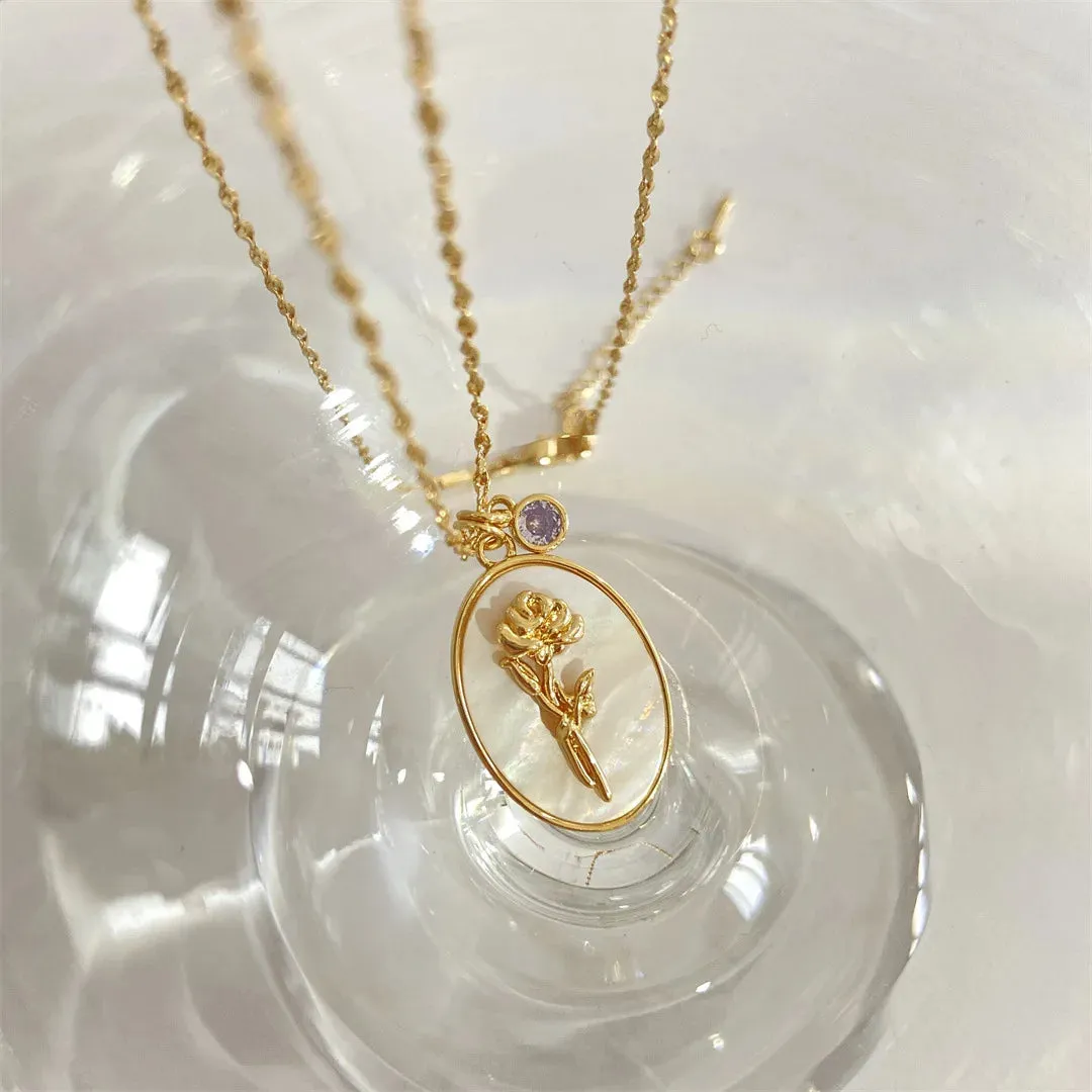 VAIGE Elegant White Shell Floral Birthstone Necklace