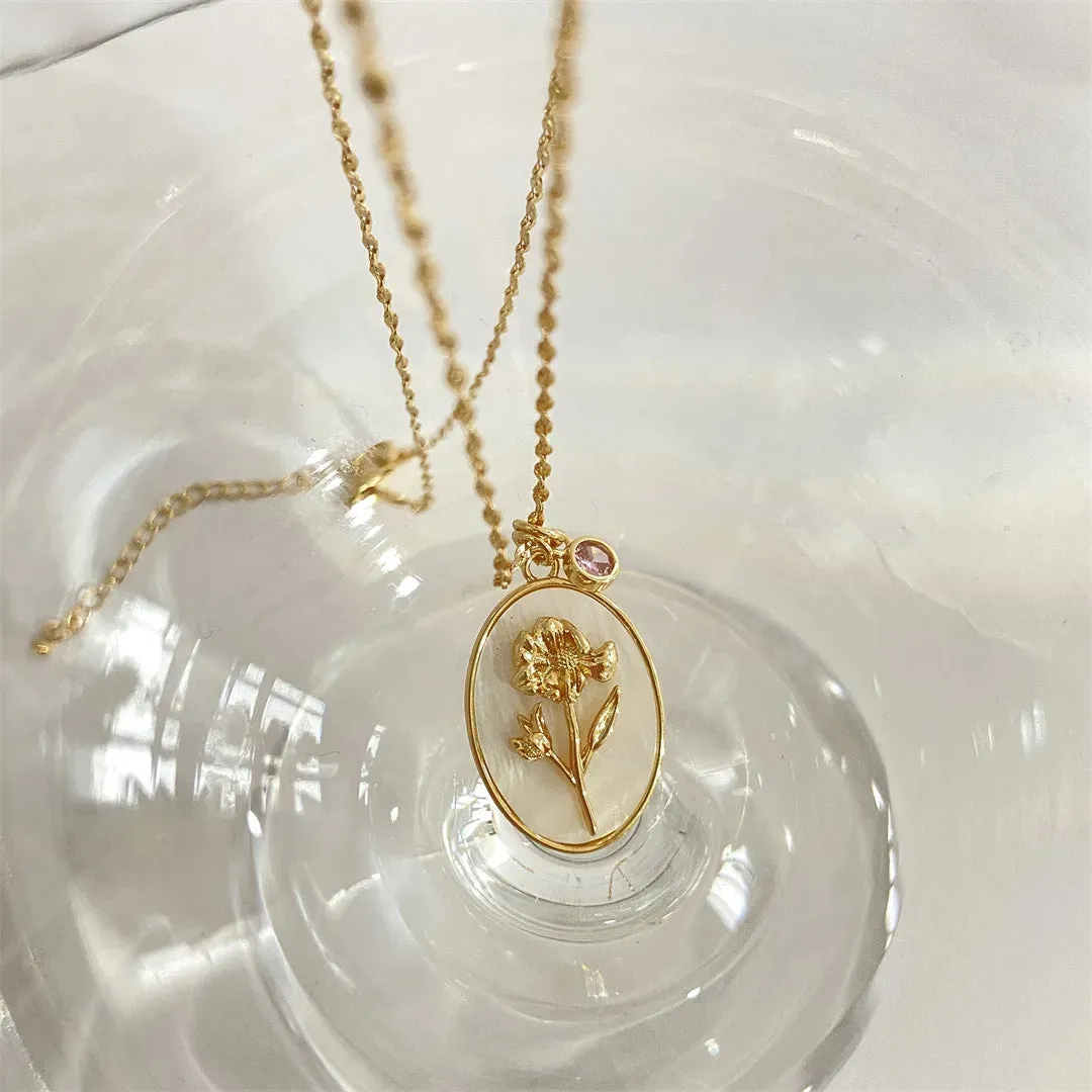 VAIGE Elegant White Shell Floral Birthstone Necklace