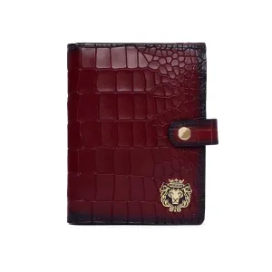 Wine Leather Passport Holder in Croco Textured with Snap Button