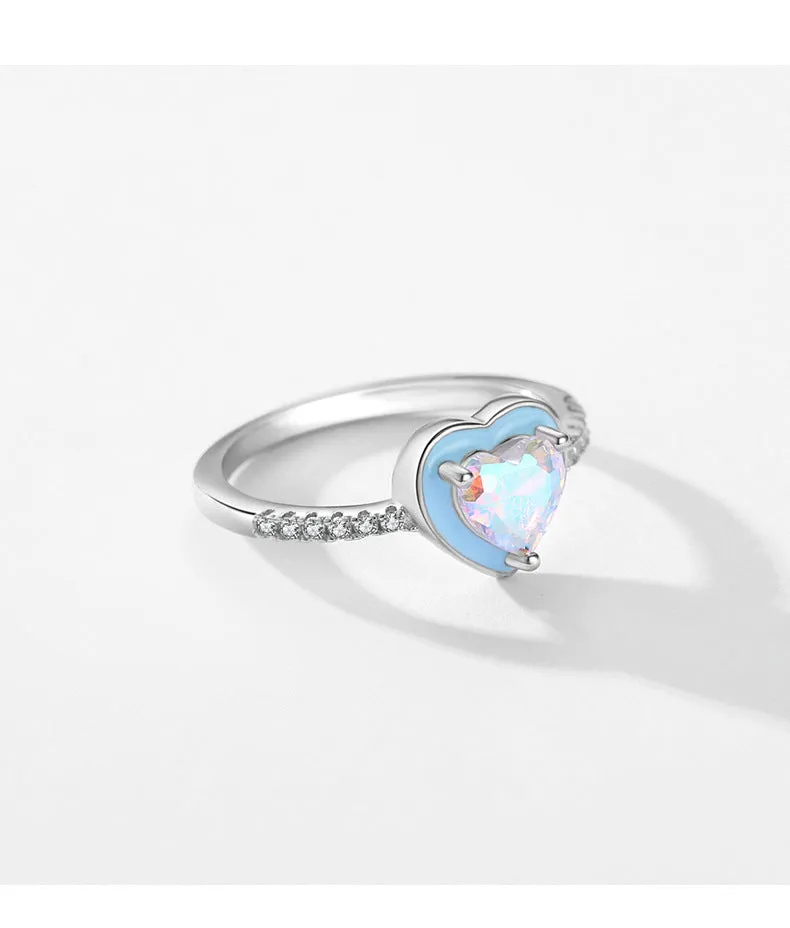 Women's Sterling Silver Heart Shaped Zircon Ring in Colorful Inlay